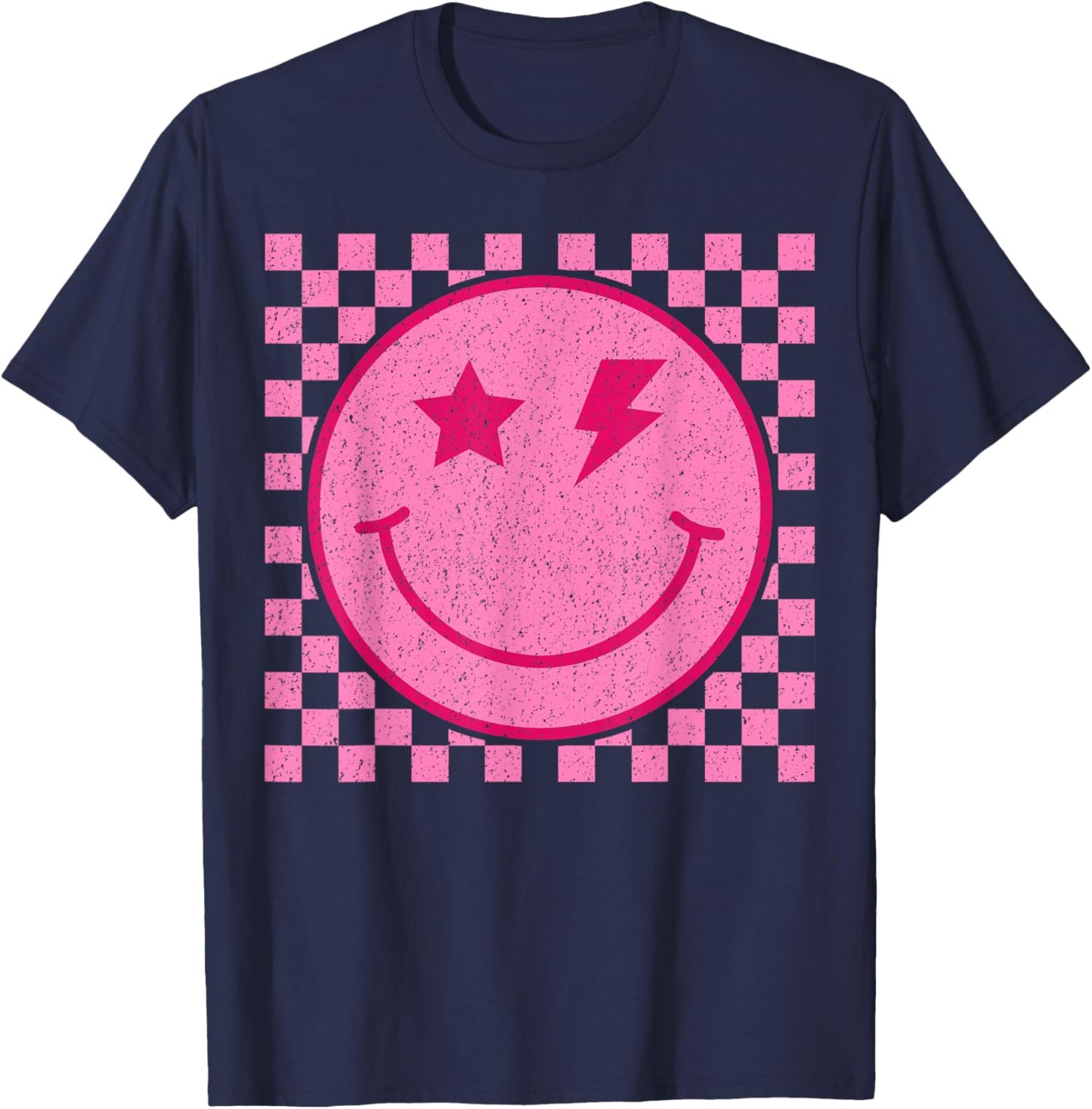 Retro Happy Face Distressed Checkered Pattern Smile Face T-Shirt - T-Shirt | Navy