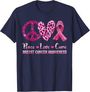 Peace Love Cure Pink Ribbon Breast Cancer Awareness T-Shirt - T-Shirt | Navy