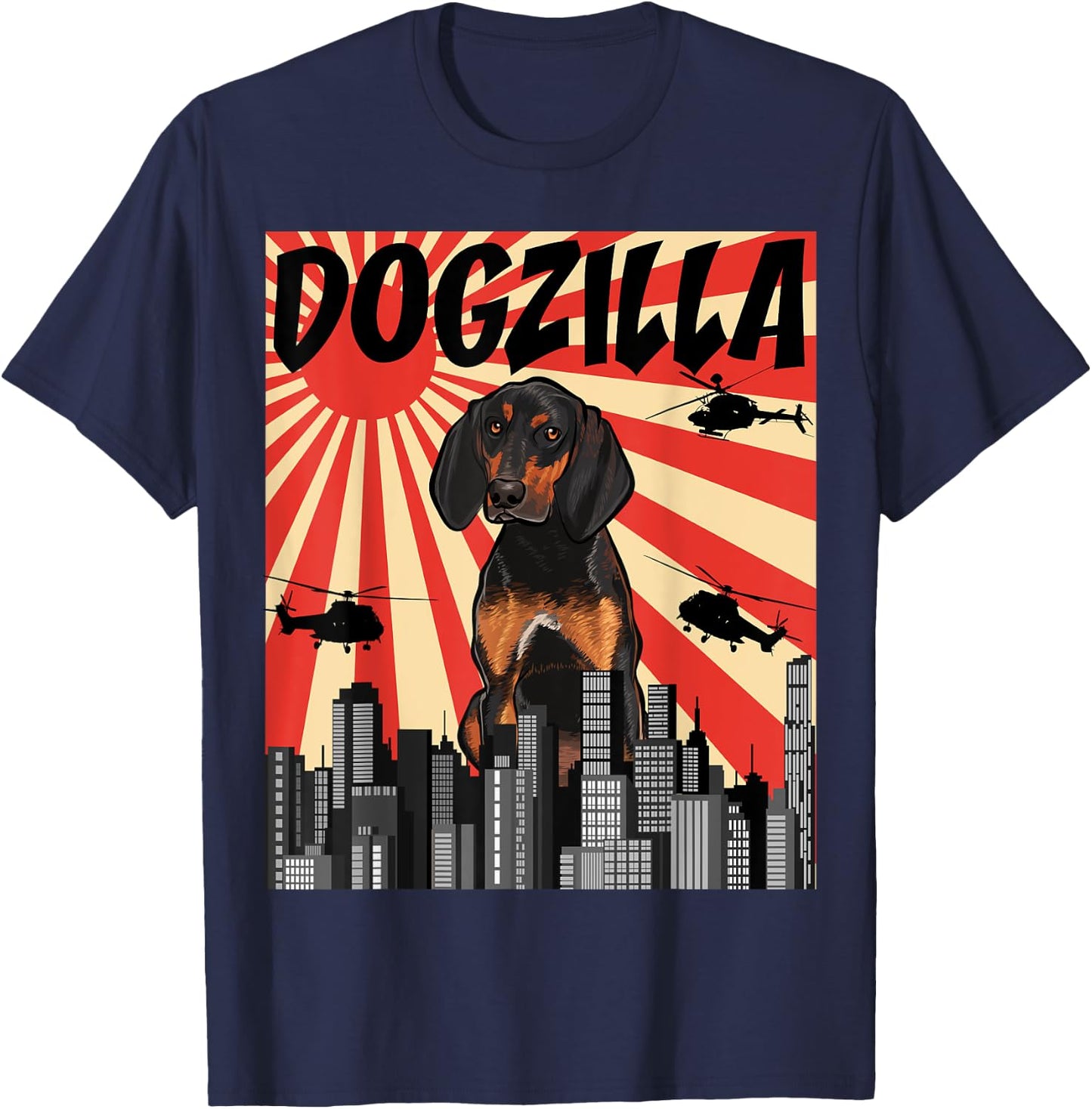 Funny Retro Japanese Dogzilla Black and Tan Coonhound T-Shirt - T-Shirt | Navy