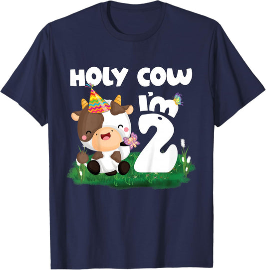 Holy Cow I'm 2 Two Birthday Girl Boy Moo Moo 2nd Birthday T-Shirt - T-Shirt | Navy
