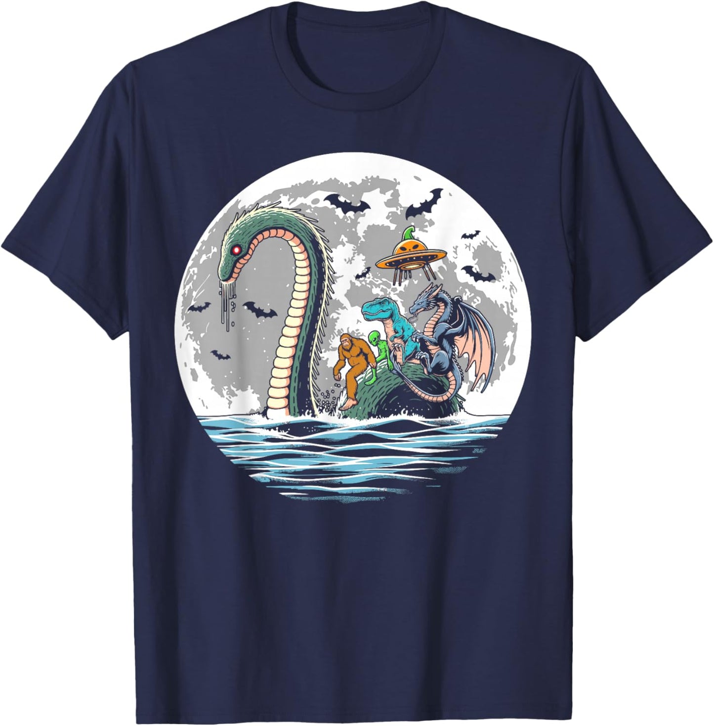 Halloween bigfoot alien loch Ness UFO Halloween party spooky T-Shirt - T-Shirt | Navy