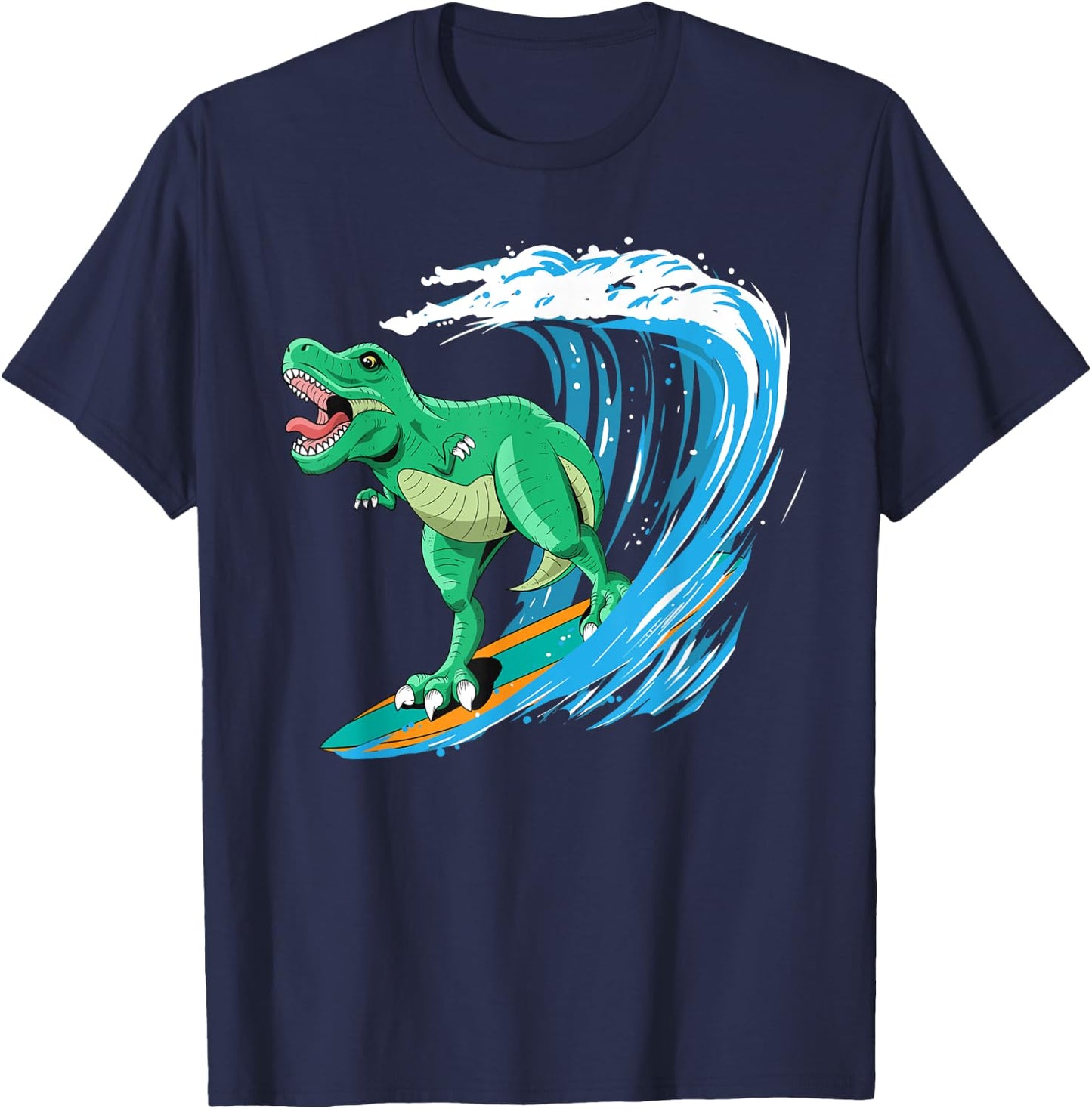 Funny T-Rex Surfing Dinosaur Summer Dino Beach Surfer Men Women Girls Kids T-Shirt - T-Shirt | Navy