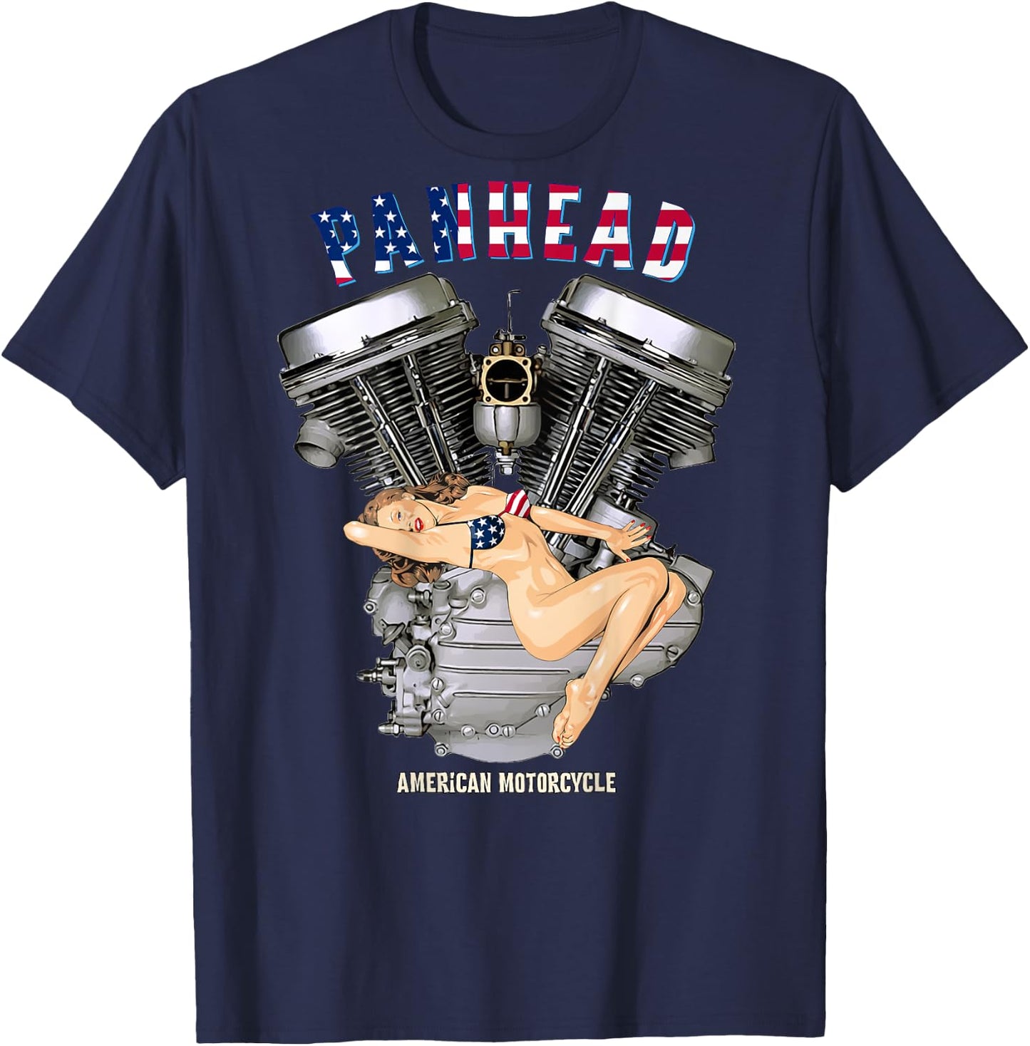 USA Panhead Motorcycle Sexy Retro Pinup Flag Biker Gear T-Shirt - T-Shirt | Navy