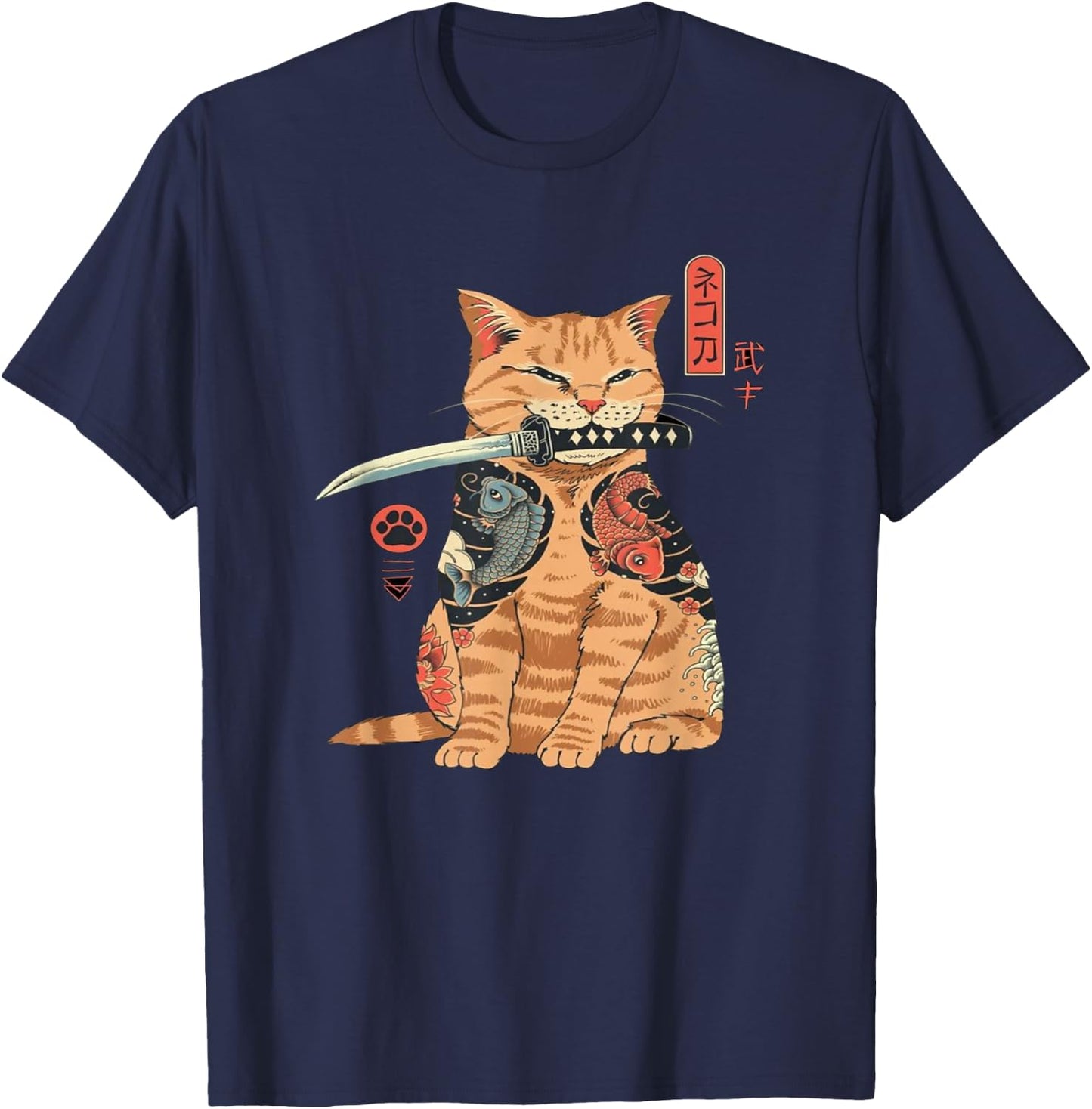 Alexamerch Cats Japanese Samurai Ninja Cat Kawaii Tattoo Graphic - Kids, Anime Fans, Casual Wear Lovers - - Black - Small - Short Sleeve - Classic Fit - Cotton, Polyester T-Shirt - T-Shirt | Navy