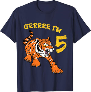 5th Birthday Tiger Grrrrr I'm 5 Year Old Boy Girl T-Shirt - T-Shirt | Navy