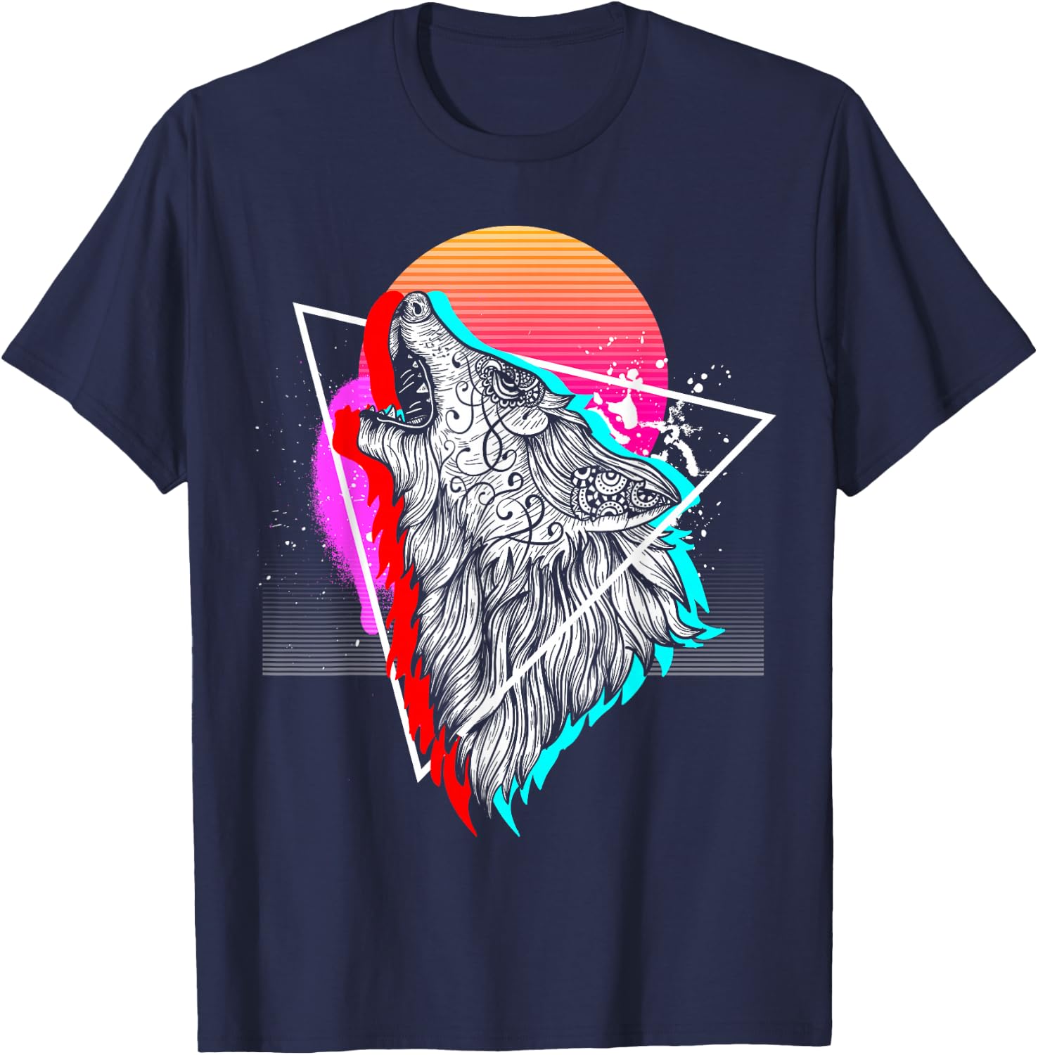 Synthwave Aesthetic Howling Wolf 1990s Retro Vaporwave T-Shirt - T-Shirt | Navy