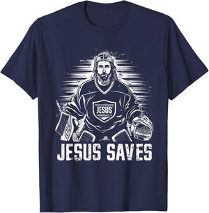 Jesus Saves Ice Hockey Goalie Funny Christian Religion Sport T-Shirt - T-Shirt | Navy