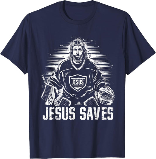 Jesus Saves Ice Hockey Goalie Funny Christian Religion Sport T-Shirt - T-Shirt | Navy