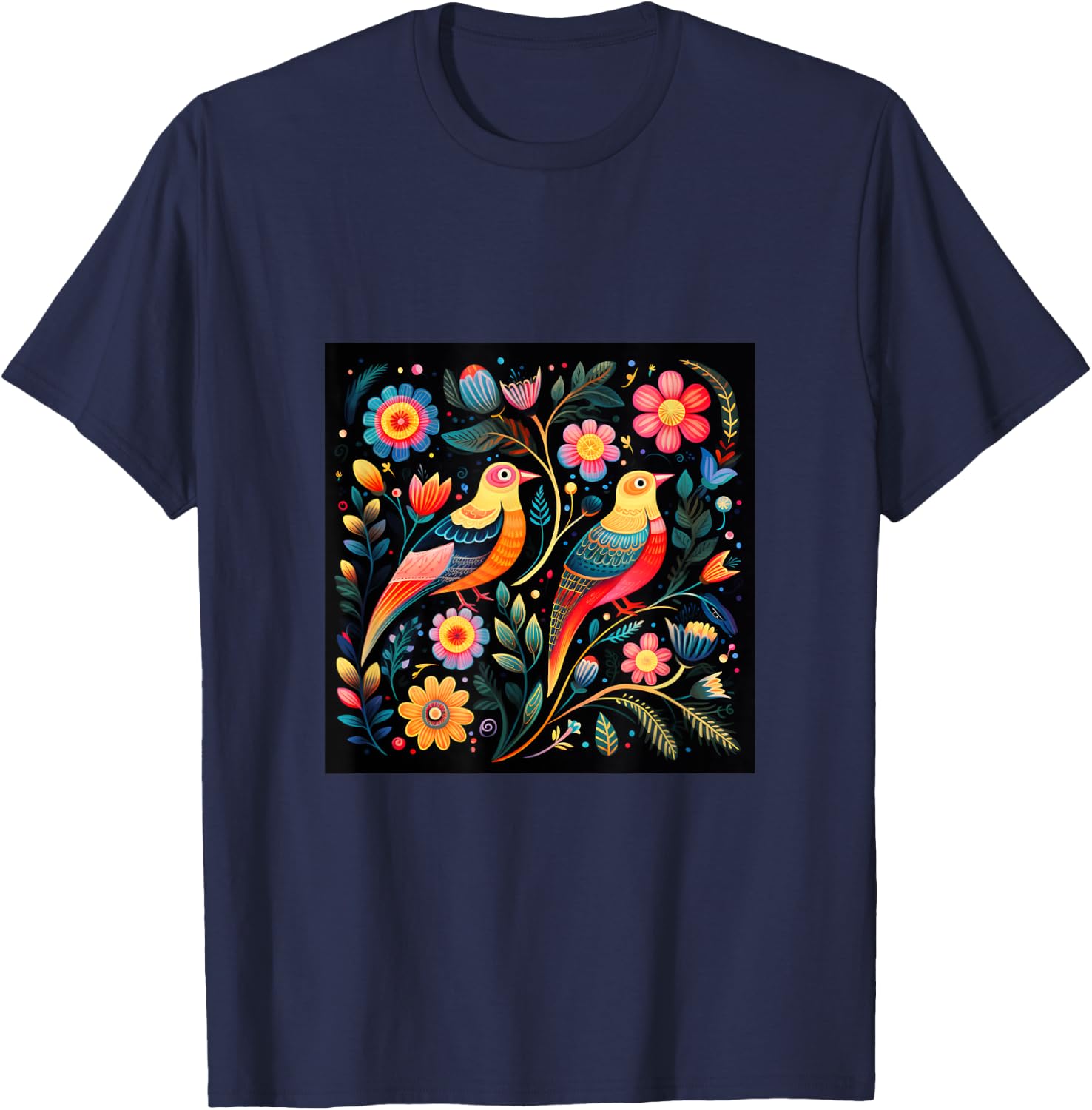 Mexican Embroidery Pattern Art Birds Flowers T-Shirt - T-Shirt | Navy