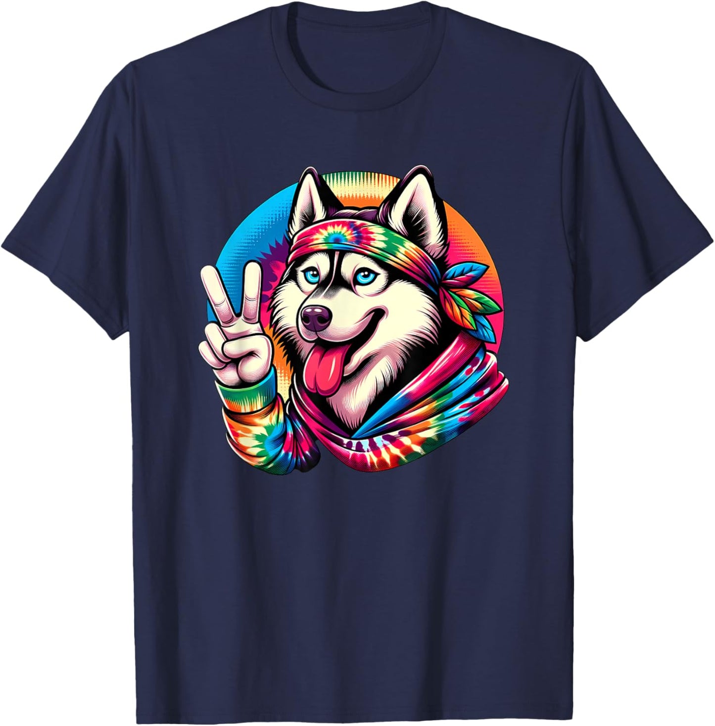 Peace Sign Tie Dye Husky dog T-Shirt - T-Shirt | Navy