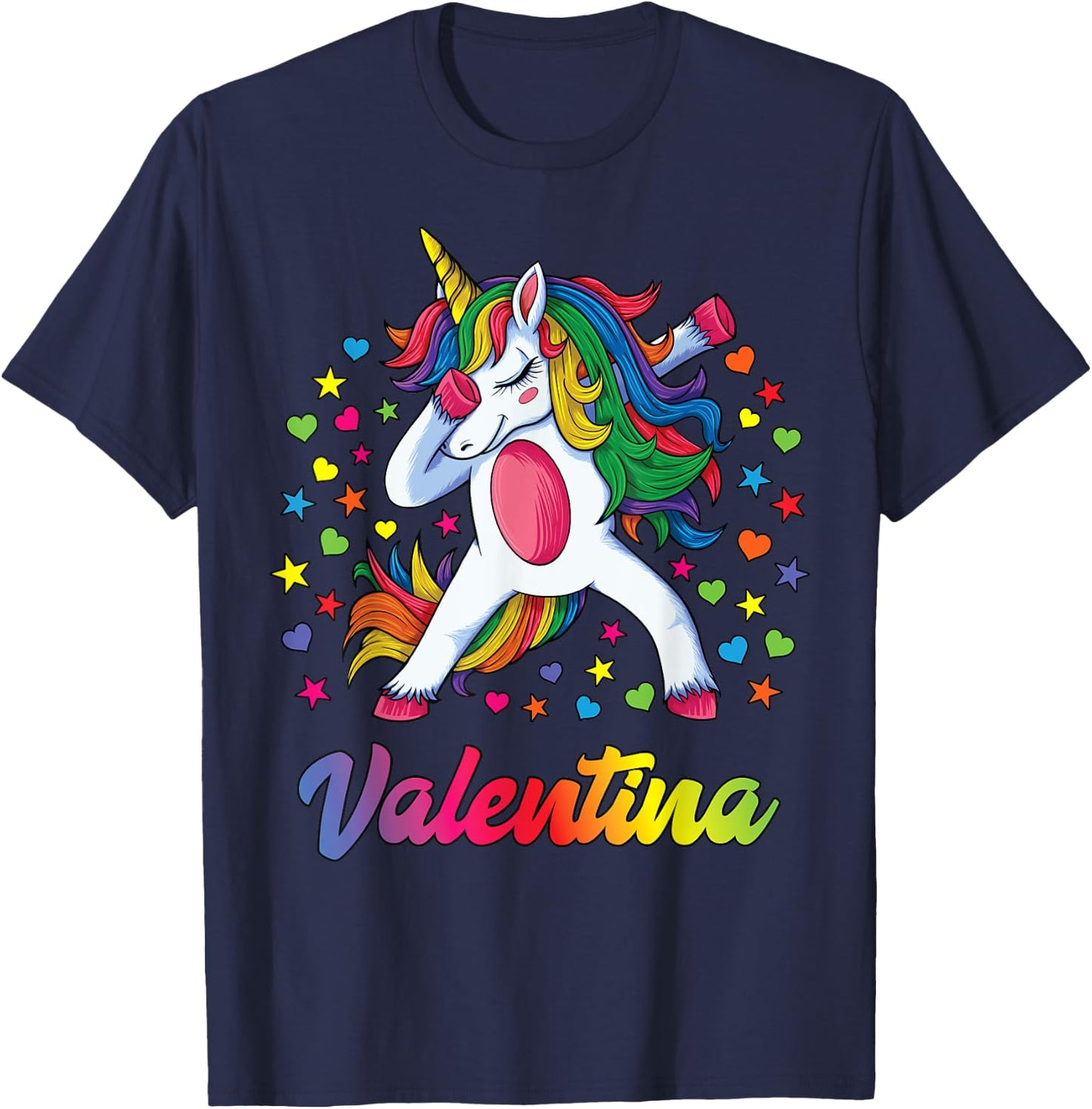 Valentina Dabbing Unicorn Rainbow Personalized Name Custom T-Shirt - T-Shirt | Navy