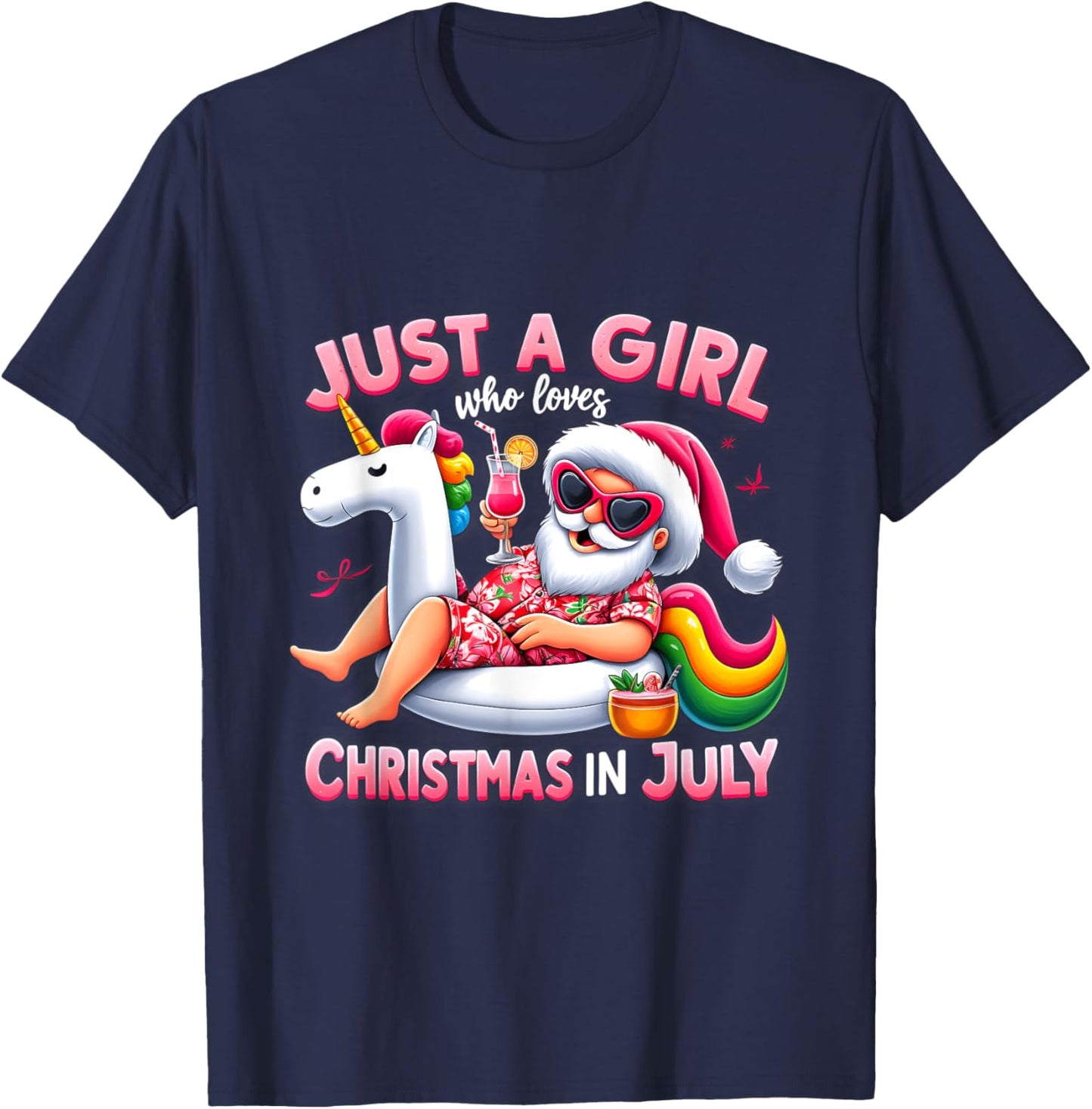 Just A Girl Who Loves Christmas in July Funny Santa Unicorn T-Shirt - T-Shirt | Navy