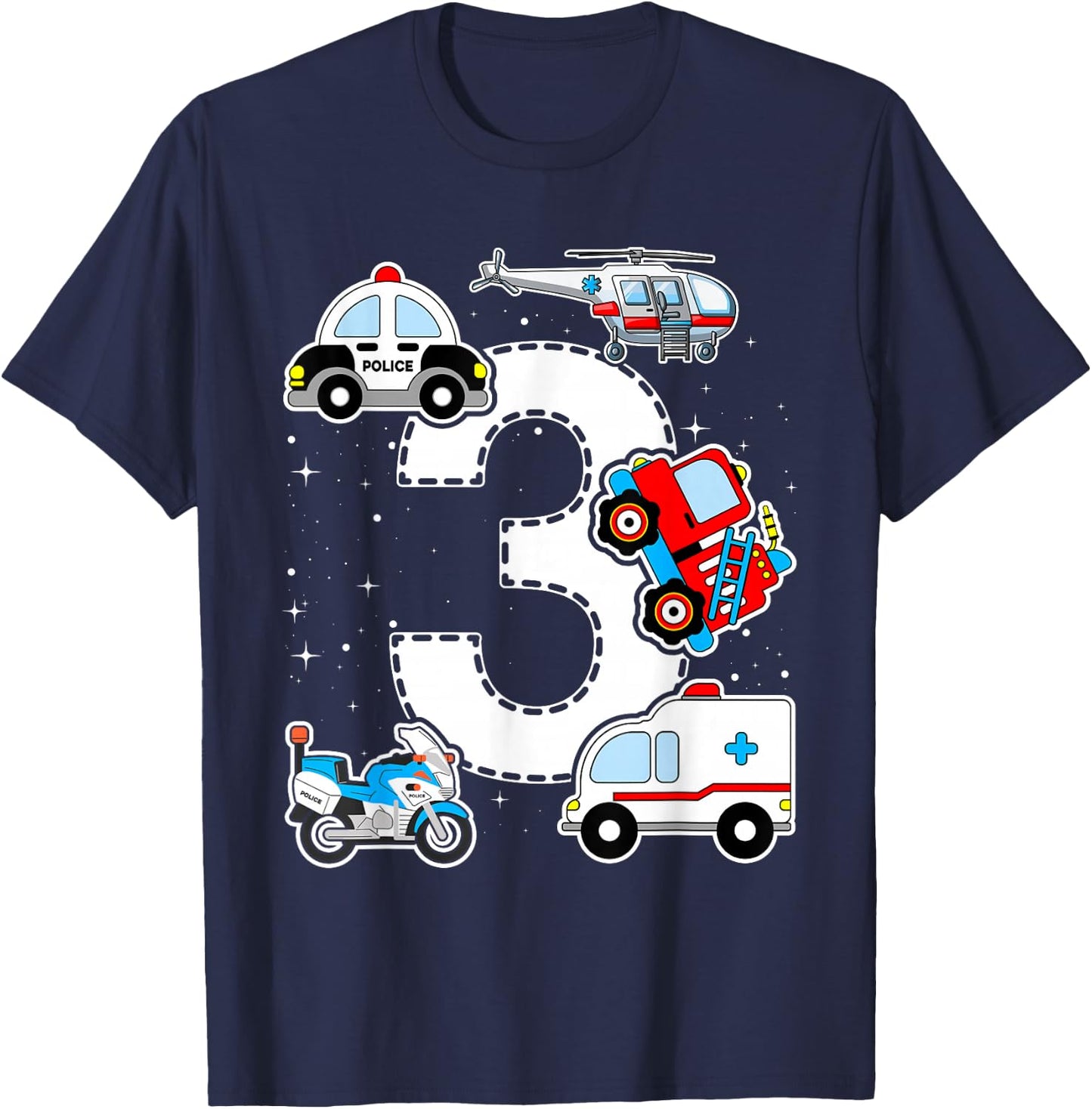 Emergency Vehicles 3rd Birthday Fire Truck Police Car Boys T-Shirt - T-Shirt | Navy