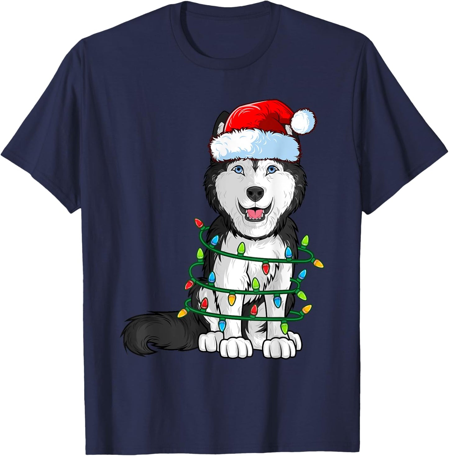 Siberian Husky Christmas Santa Hat Xmas Lights Dog Boys Girl T-Shirt - T-Shirt | Navy