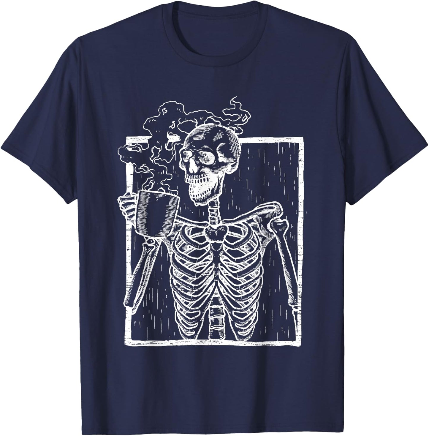 Distressed Skeleton Vintage Smiling Skull drinking Coffee T-Shirt - T-Shirt | Navy