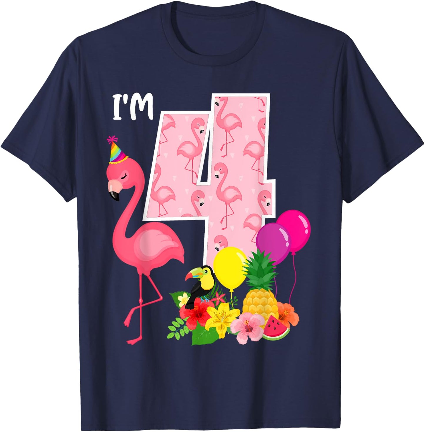 Flamingo Birthday I'm 4 Tropical Flamingo Theme 4th Birthday T-Shirt - T-Shirt | Navy