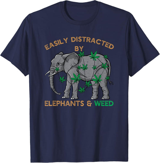 Tender Buds Easily Distracted By Elephants and Weed Black Cotton Blend T-Shirt - T-Shirt | Navy