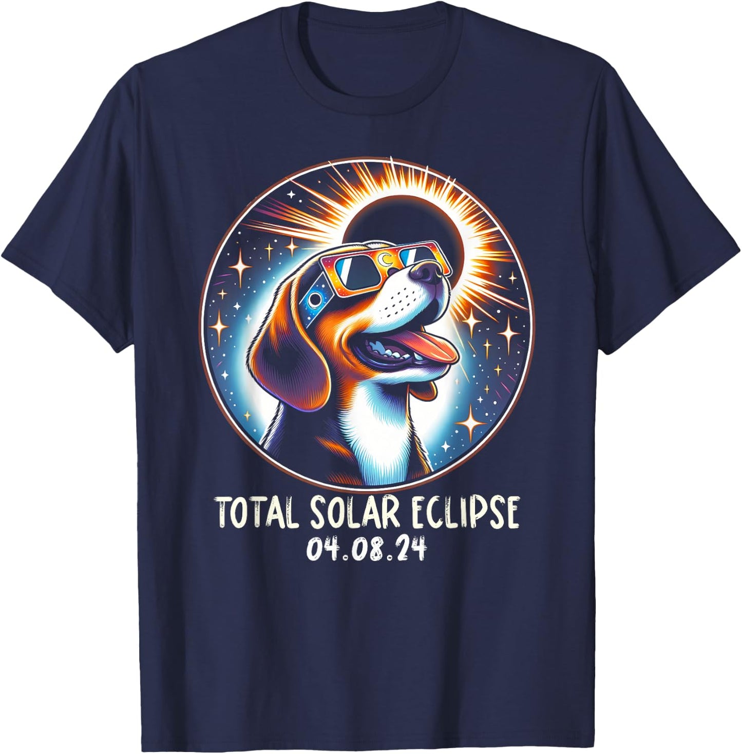 Solar Eclipse Beagle Wearing Glasses Pet April 8 2024 T-Shirt - T-Shirt | Navy