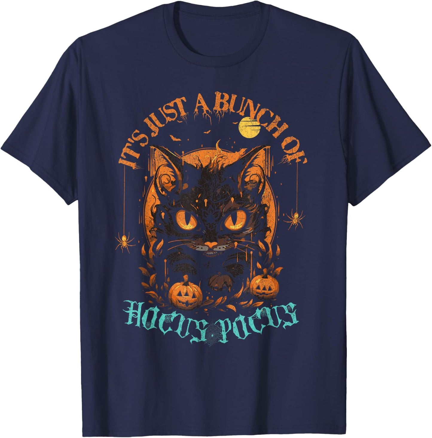 Vintage Halloween Black Cat It's Just A Bunch of Hocus Pocus Men Women T-Shirt - T-Shirt | Navy