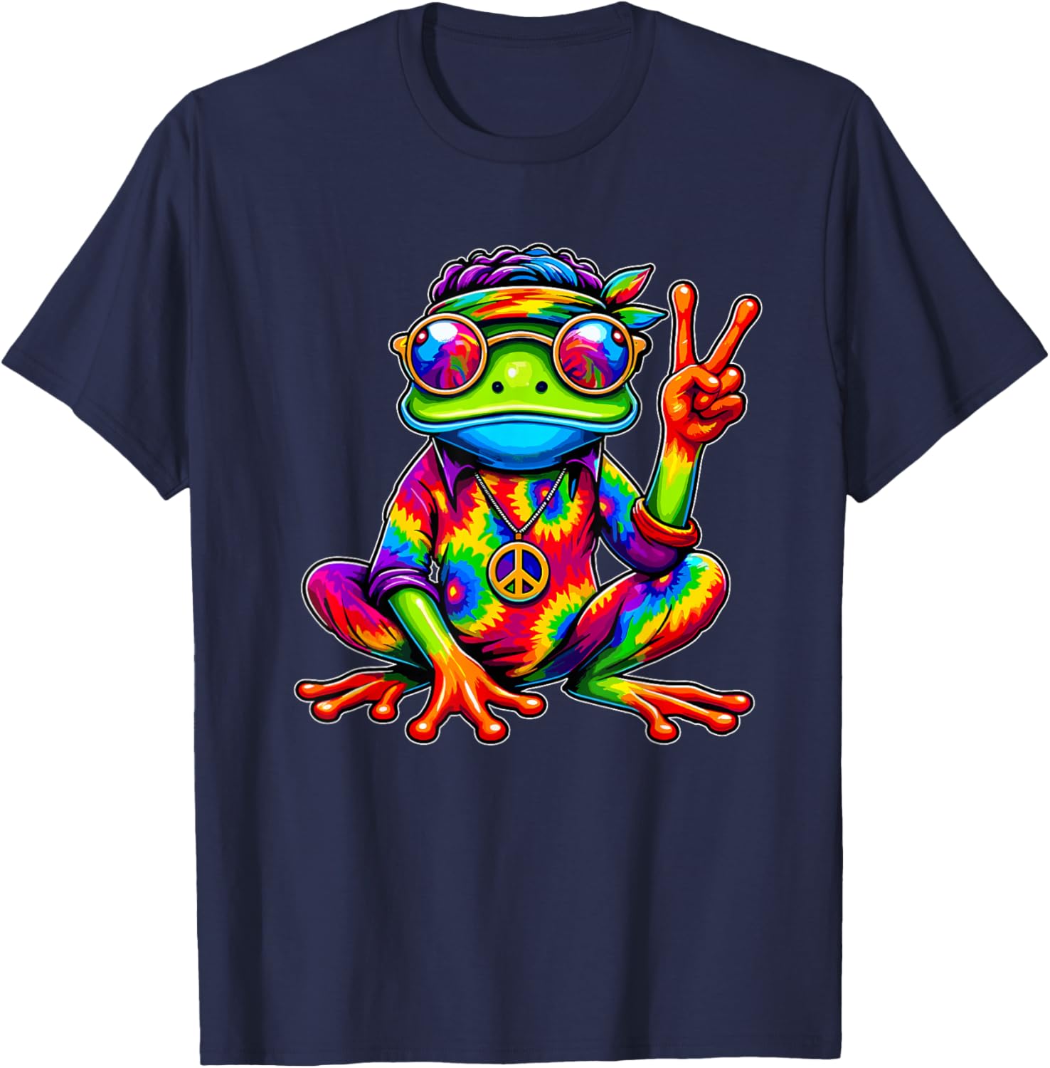 Hippie Tie-Dye Frog, 70s Party & 60s Costume, Peace Sign T-Shirt - T-Shirt | Navy