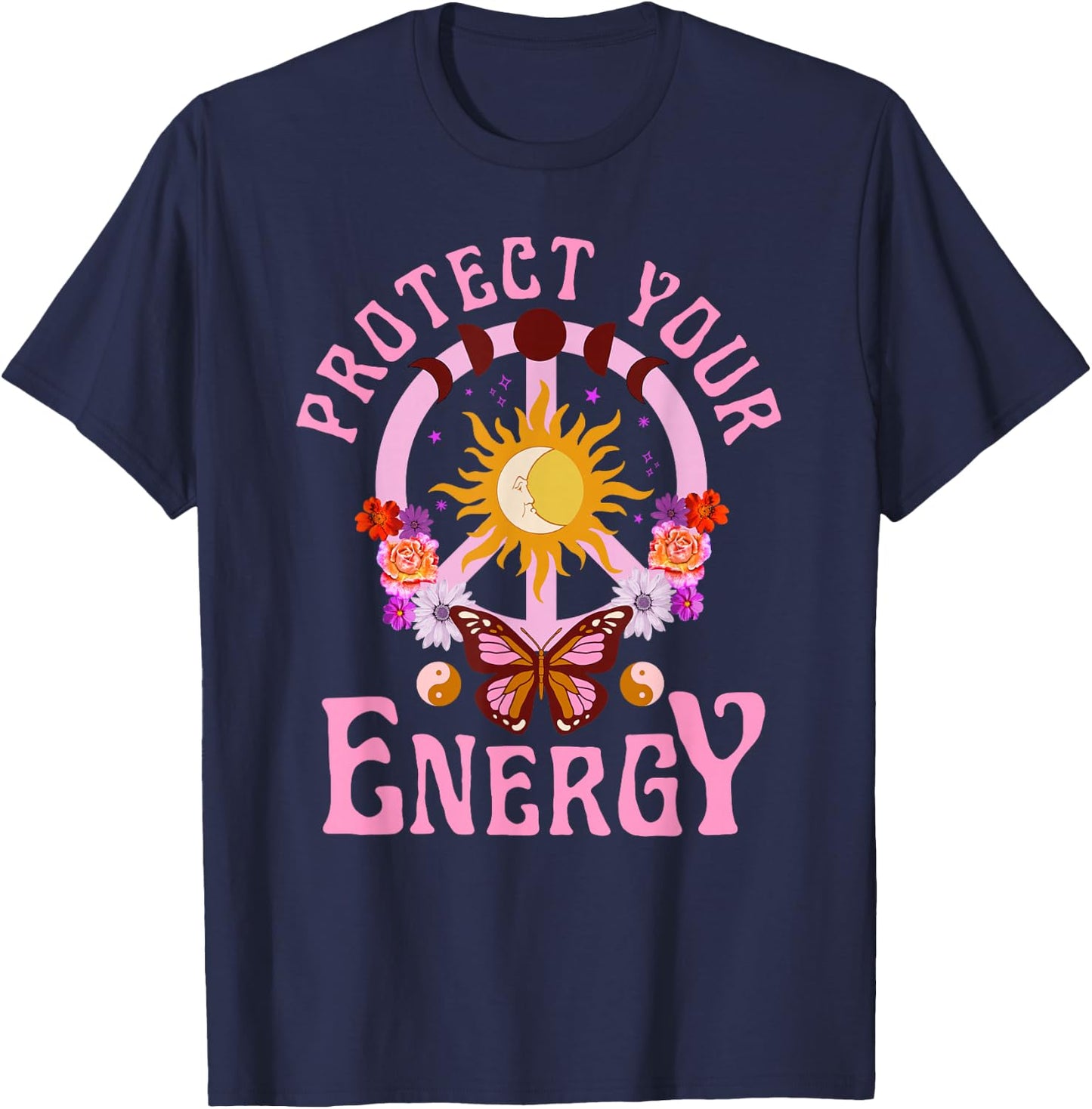 Protect Your Energy Graphic Top peace moon celestial hippie T-Shirt - T-Shirt | Navy