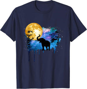 Elephant Full Moon Galaxy Star Night Nature Graphic Art T-Shirt - T-Shirt | Navy