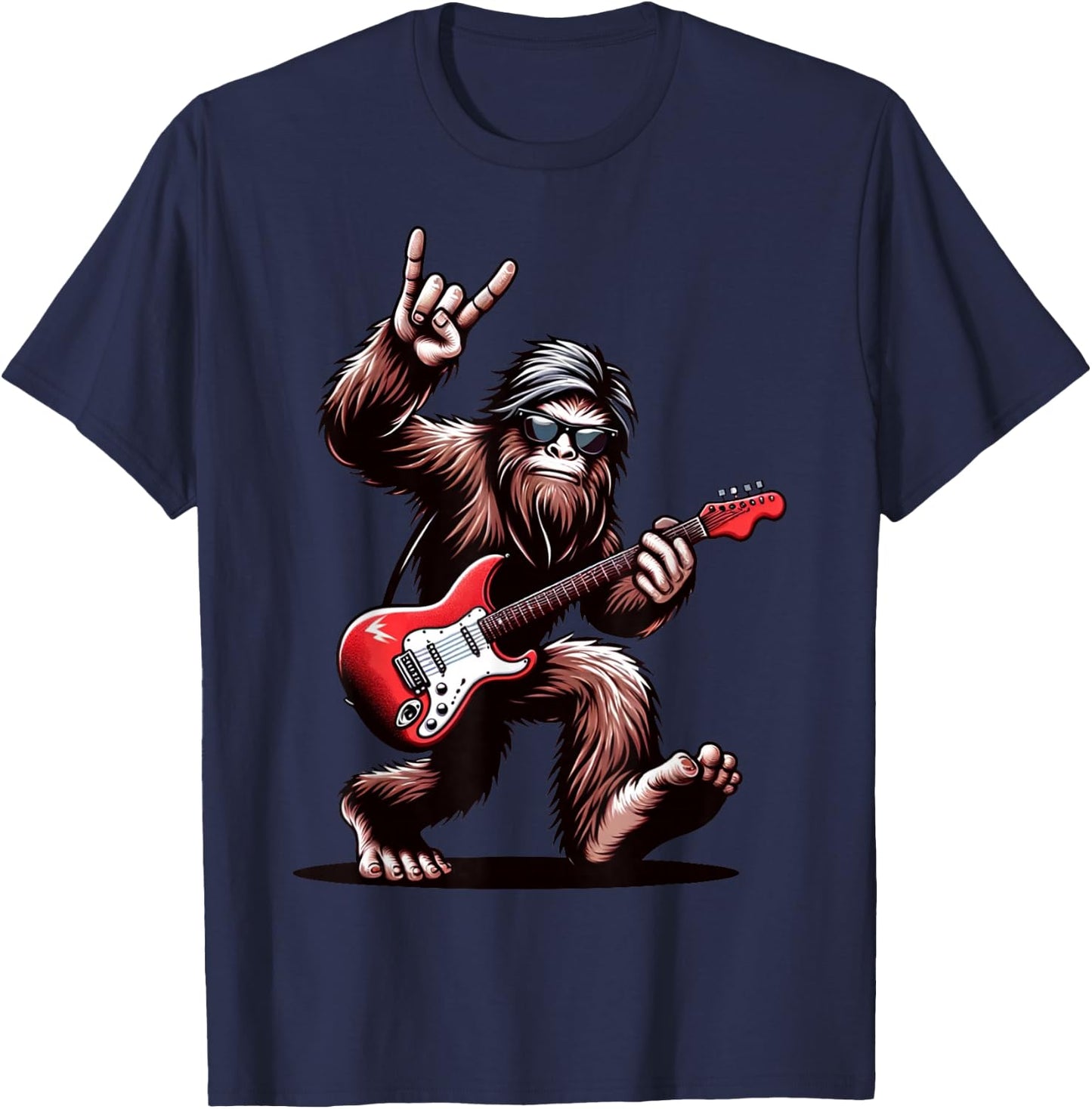 Bigfoot Rock On Sasquatch Rock and Roll Playing Guitar Music T-Shirt - T-Shirt | Navy