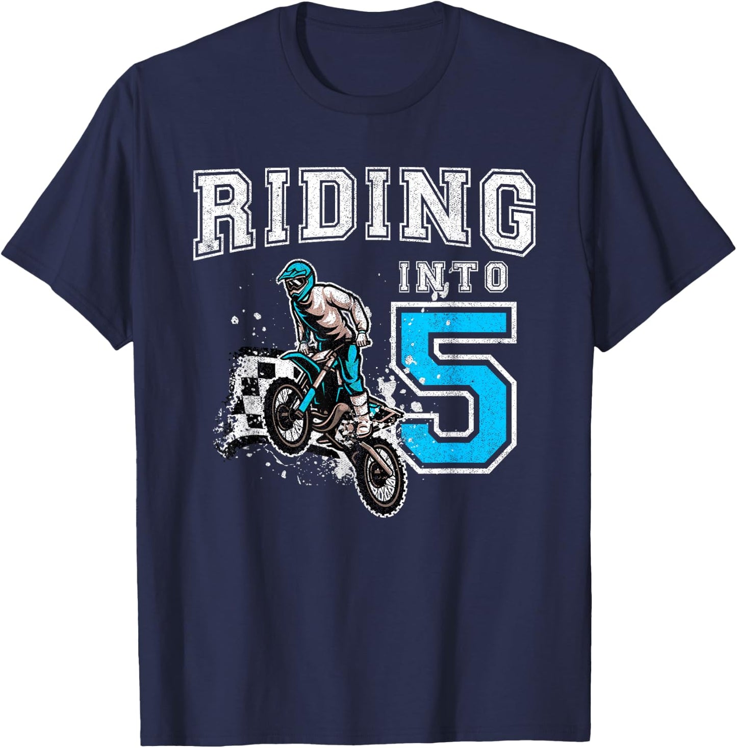 Riding Into 5 Years Old 5th Birthday Boy Dirt Bike Party T-Shirt - T-Shirt | Navy