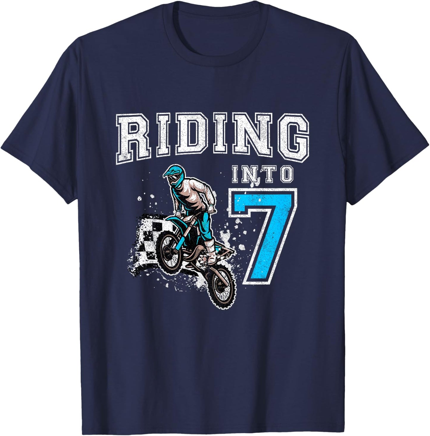 Kids Riding Into 7 Years Old 7th Birthday Boy Dirt Bike Party T-Shirt - T-Shirt | Navy