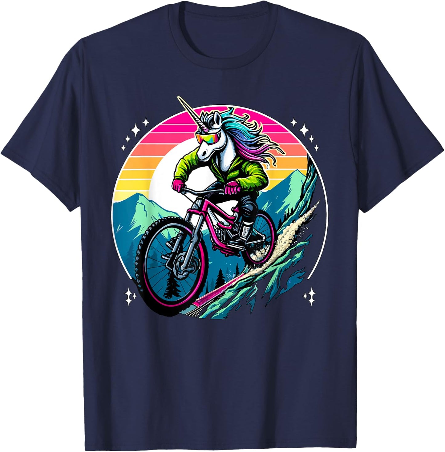 Unicorn Mountain Bike Adventure Fantasy Colorful Sunset T-Shirt - T-Shirt | Navy