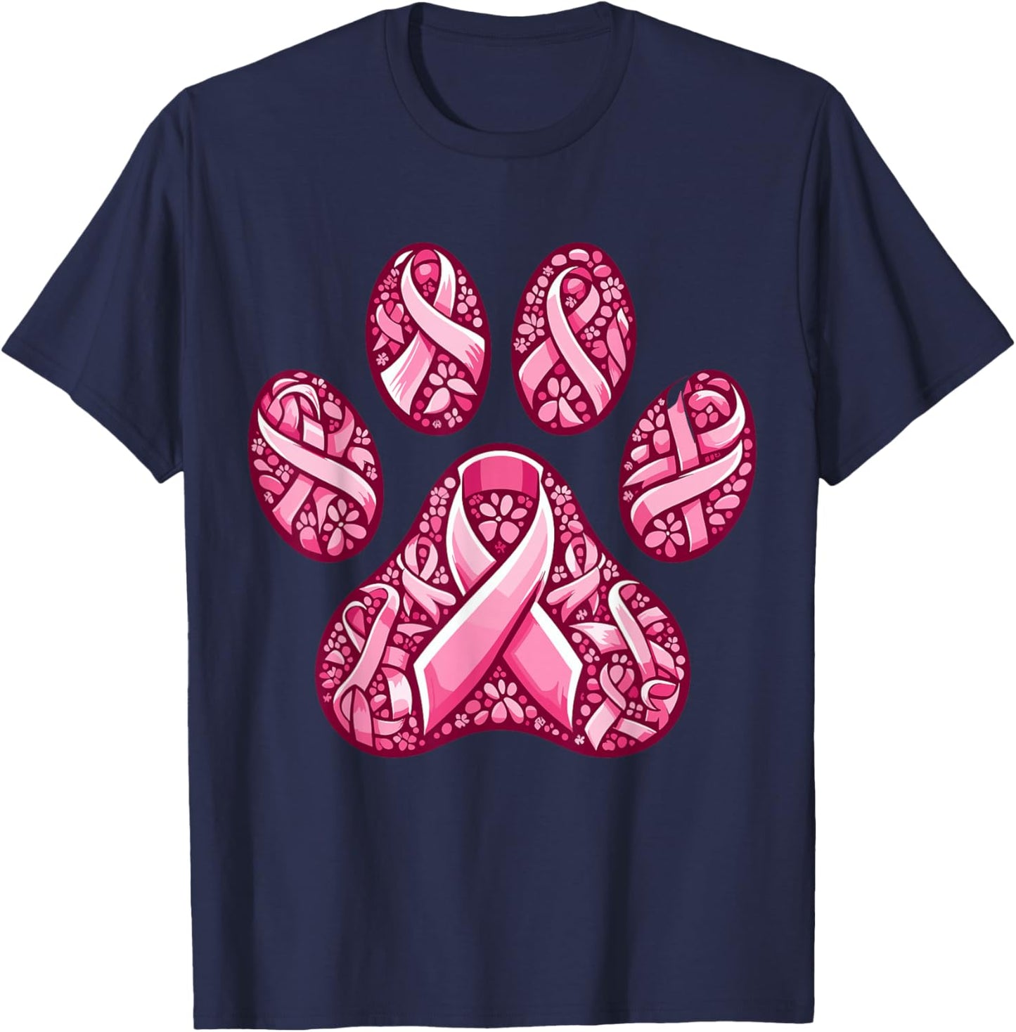 Pink Ribbon Dog Paw Print Breast Cancer Awareness Puppy Love T-Shirt - T-Shirt | Navy