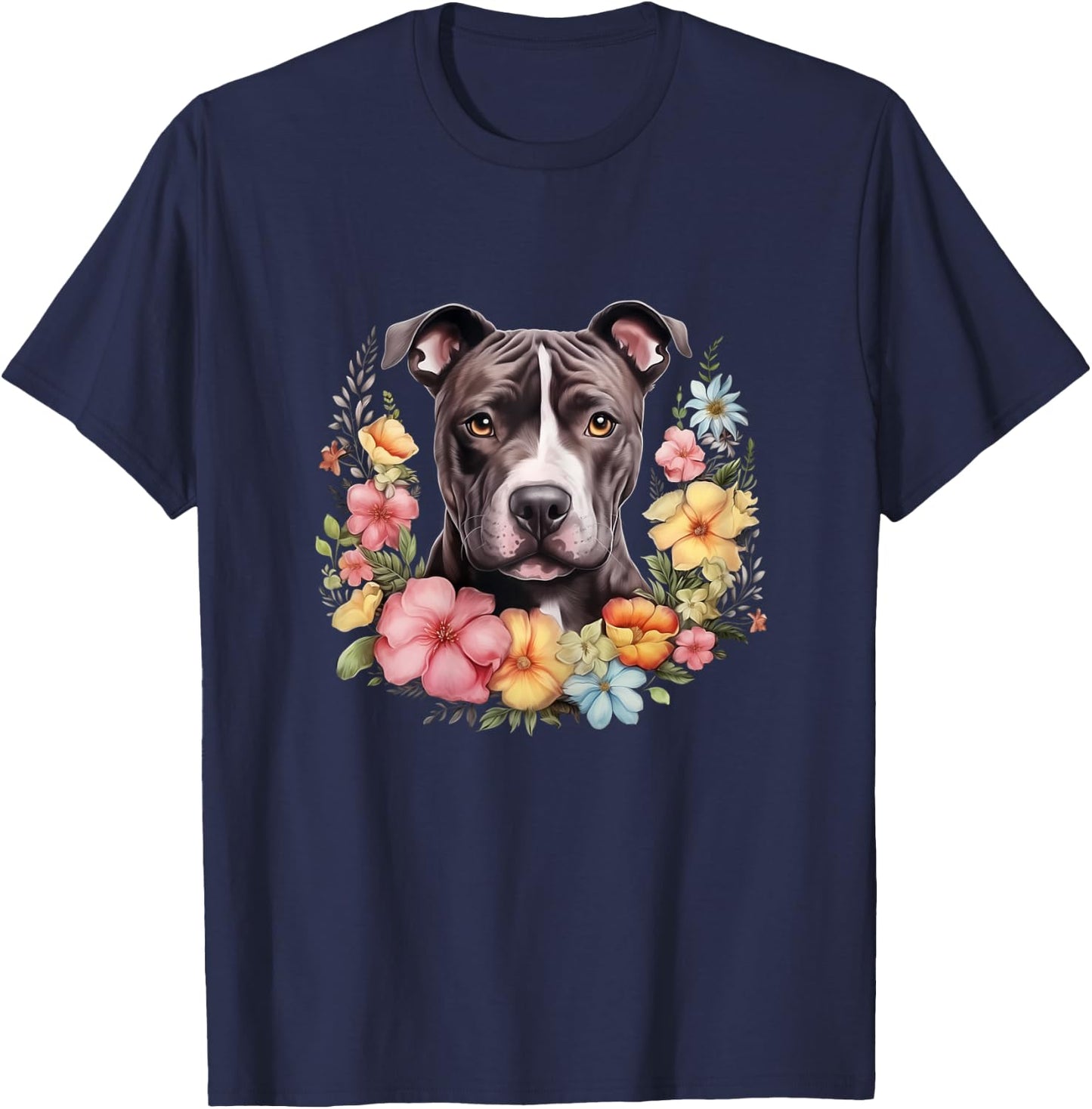 Pitbull Mom Floral Dog Lover Vintage Flowers Cute T-Shirt - T-Shirt | Navy