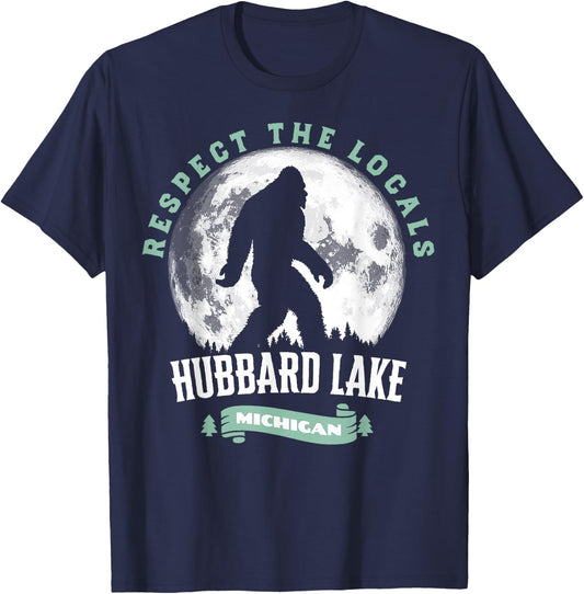 Hubbard Lake Michigan Respect Locals Bigfoot Sasquatch Moon T-Shirt - T-Shirt | Navy