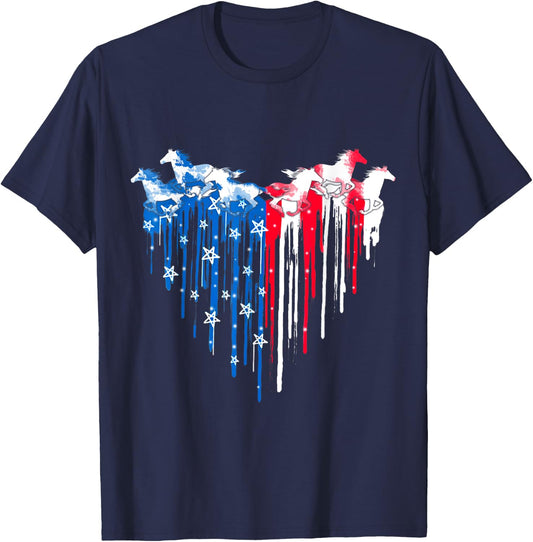 Horse American Flag Heart 4th of July USA Patriotic Pride Women Men T-Shirt - T-Shirt | Navy