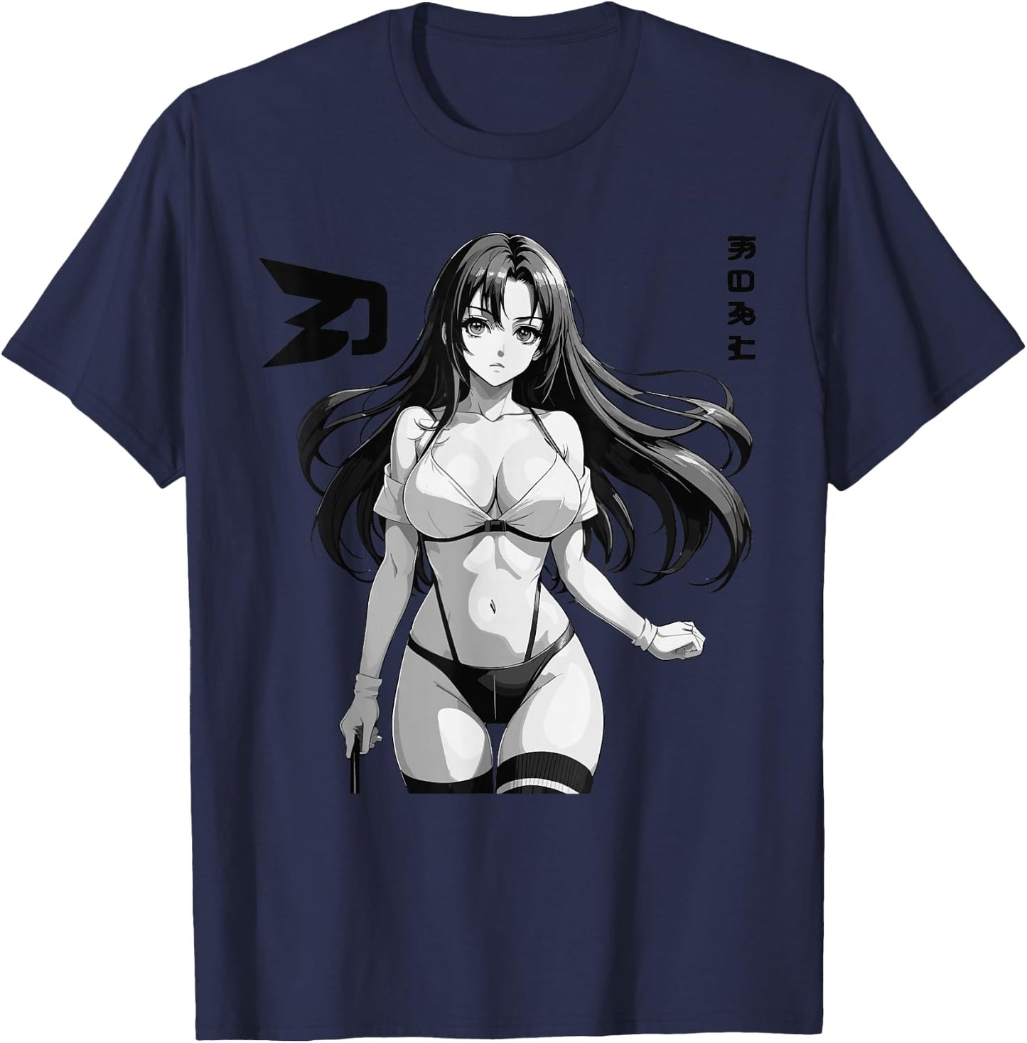 Sexy Waifu Otaku Anime Girl Japanese in Black and White Art T-Shirt - T-Shirt | Navy