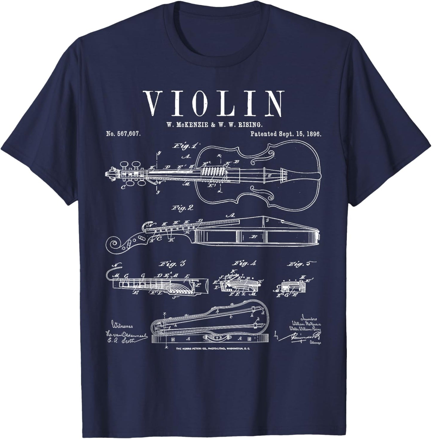 Violin Old Vintage Patent Drawing Print T-Shirt - T-Shirt | Navy