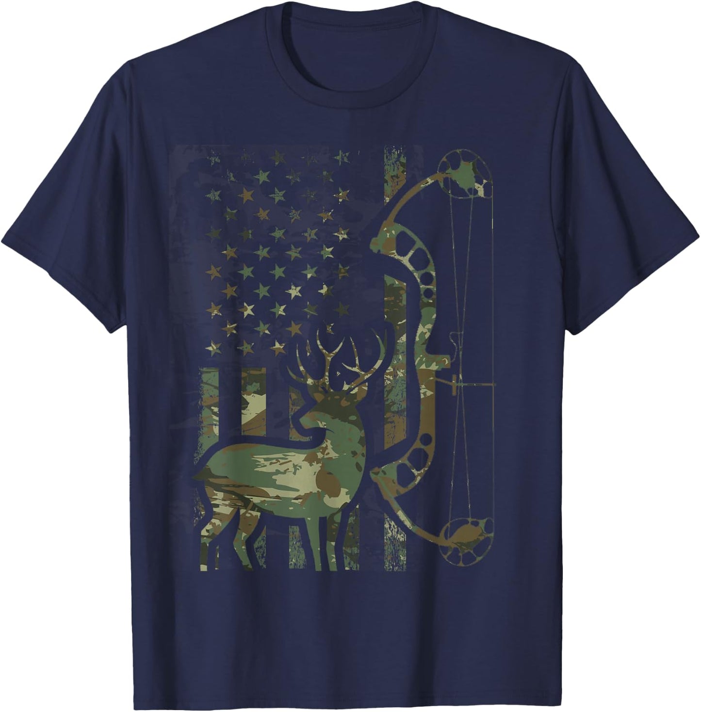 Camo American Flag Buck Hunting Men Recurve Bow Hunter T-Shirt - T-Shirt | Navy