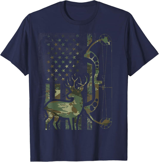Camo American Flag Buck Hunting Men Recurve Bow Hunter T-Shirt - T-Shirt | Navy