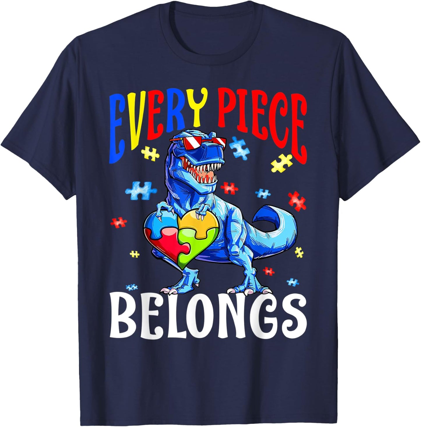 Every Piece Belongs Dinosaur Autism Awareness Puzzle T-Shirt - T-Shirt | Navy