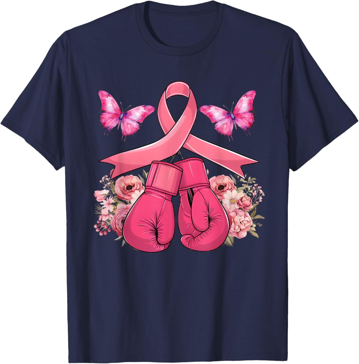 Breast Cancer Awareness Boxing Gloves Butterfly Pink Ribbon T-Shirt - T-Shirt | Navy