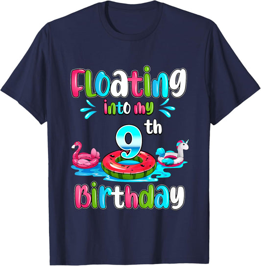 Kids Floating Into My 9th Birthday Pool Party Float 9 Years Old T-Shirt - T-Shirt | Navy