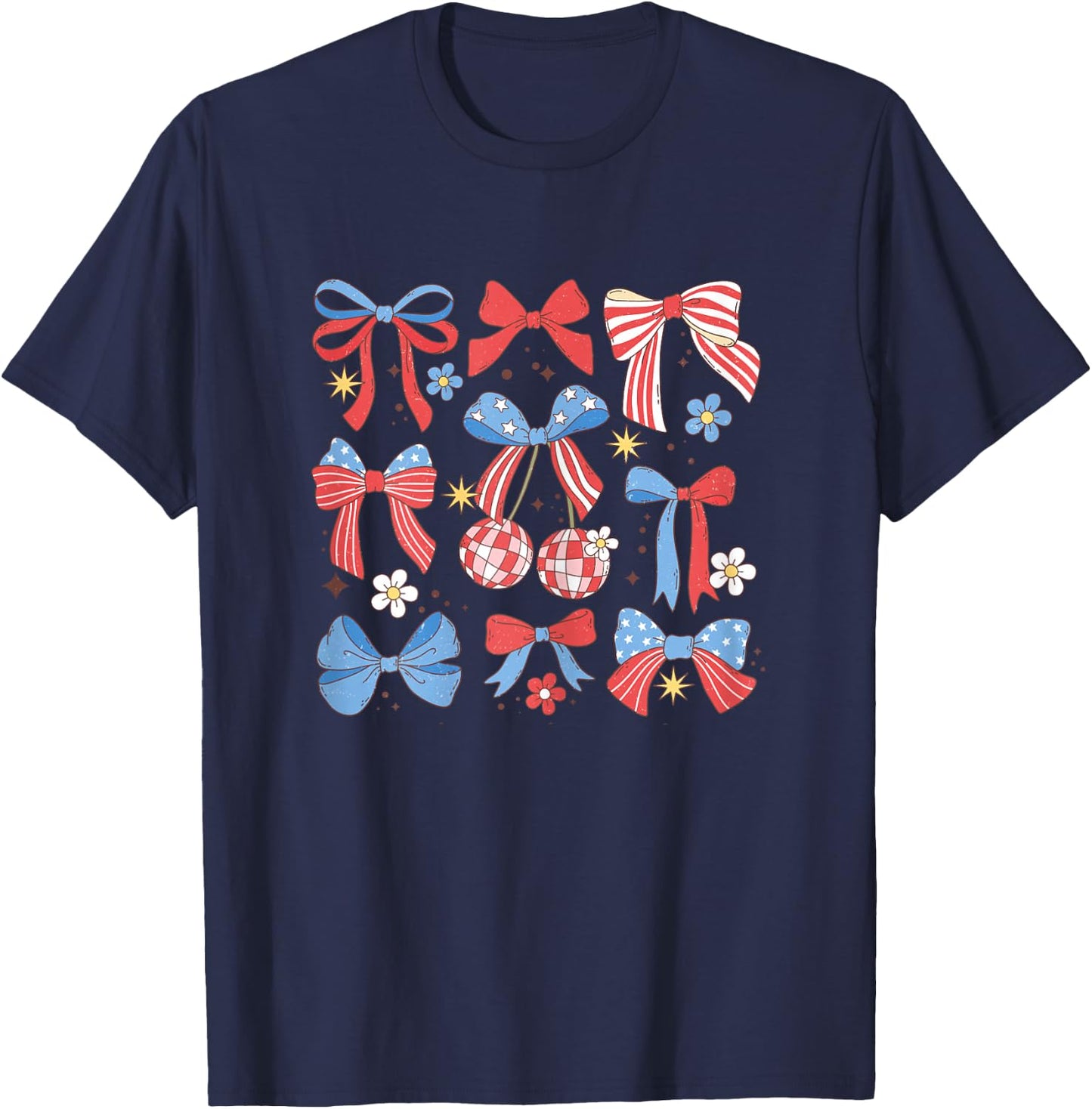 Coquette Red White & Blue Patriotic Bows Retro July 4th T-Shirt - T-Shirt | Navy