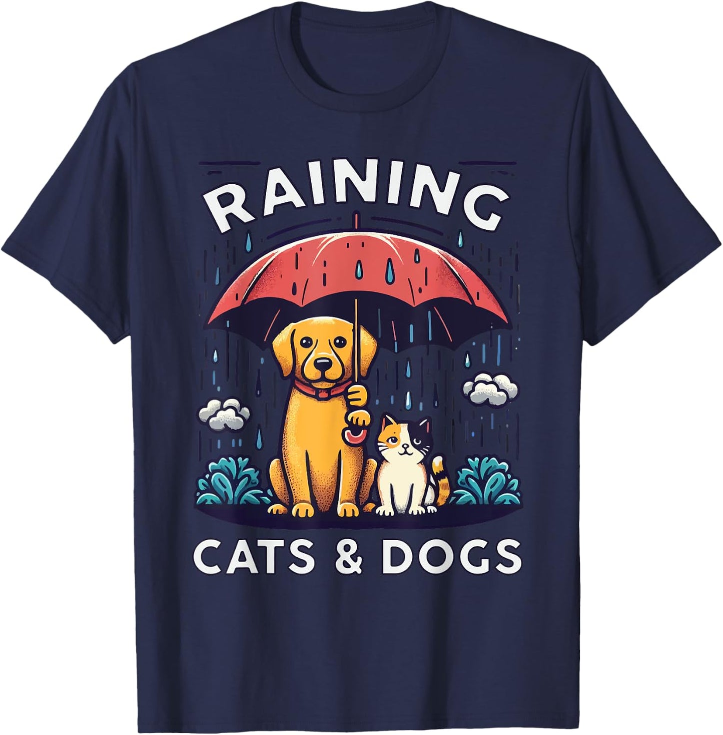 Raining Cats and Dogs Canine Feline Puppy Kitty Animal Idiom T-Shirt - T-Shirt | Navy