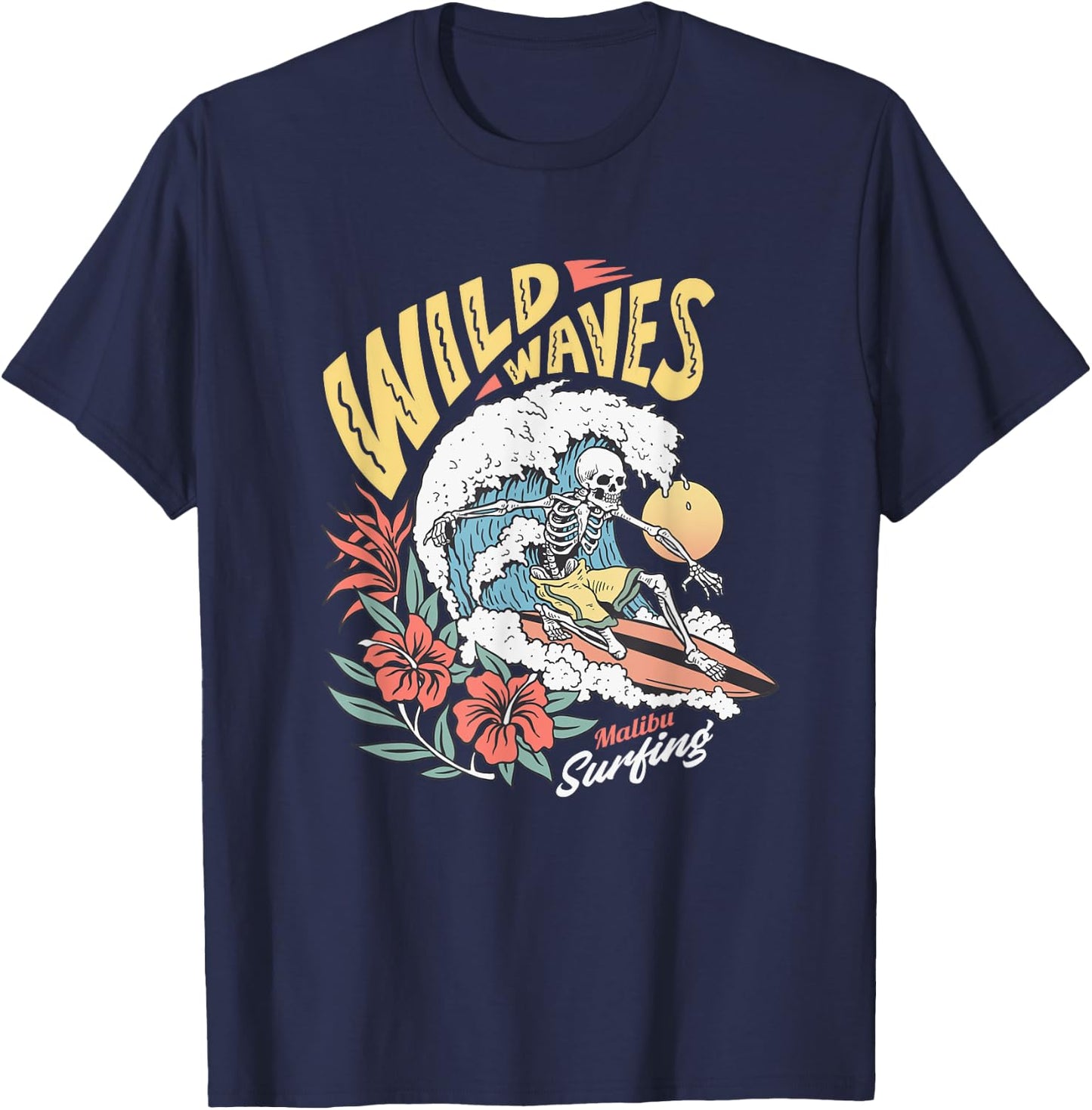 Funny Wild Waves Surfing Skeleton Malibu California Beach T-Shirt - T-Shirt | Navy