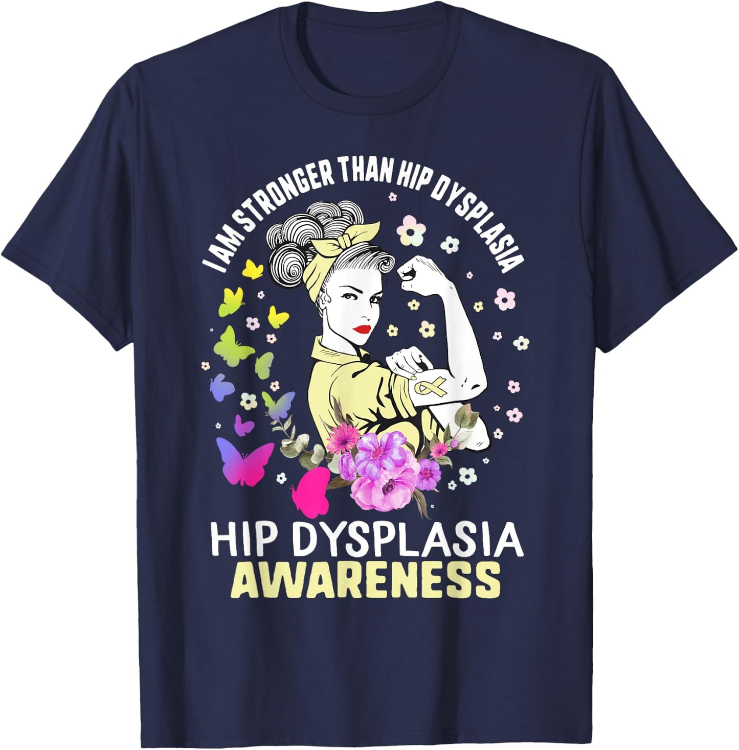Stronger Than Hip Dysplasia Awareness Cream Ribbon Woman T-Shirt - T-Shirt | Navy