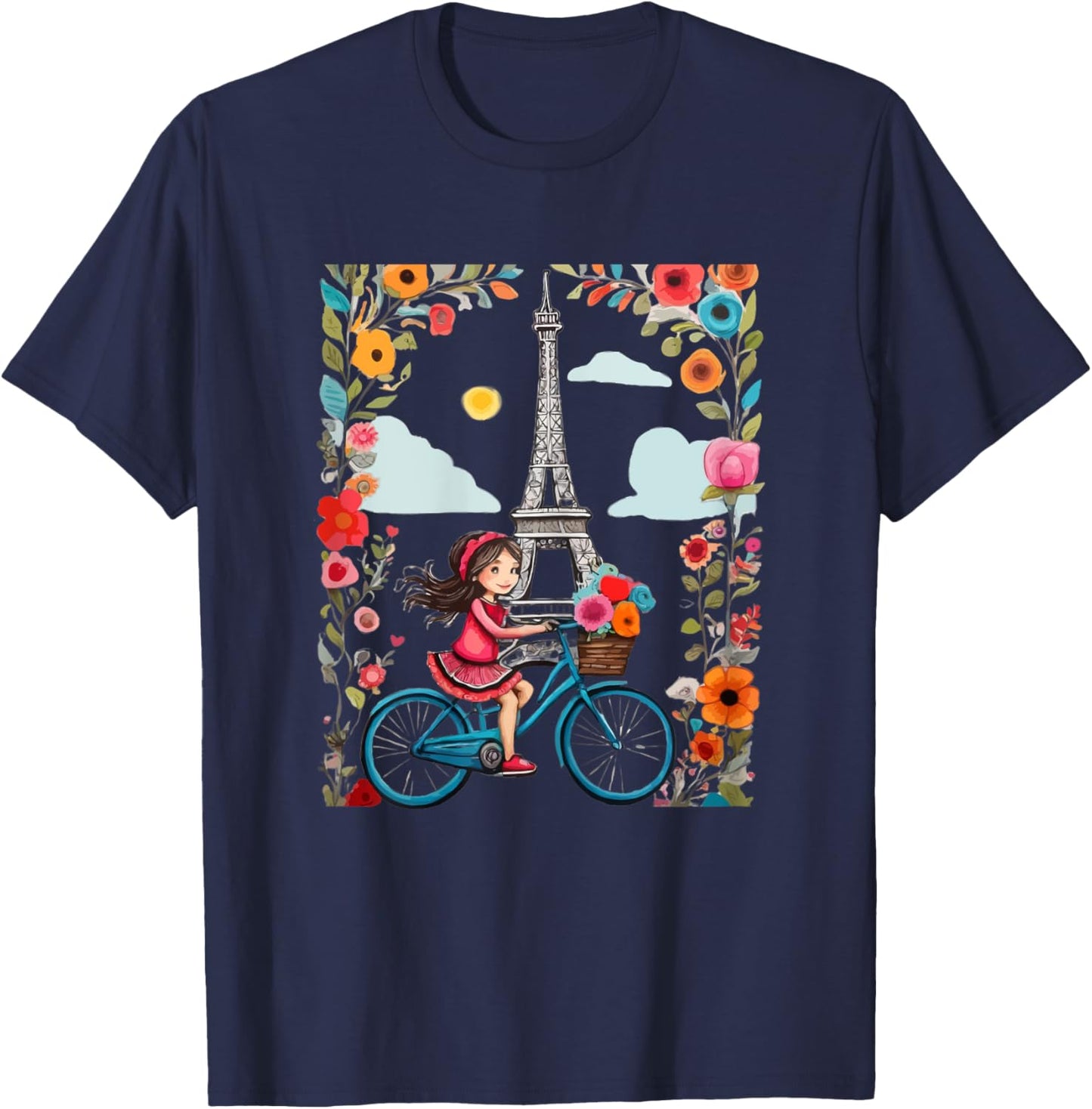 Girl on bicycle in Paris Eiffel Tower, Love Paris, French T-Shirt - T-Shirt | Navy