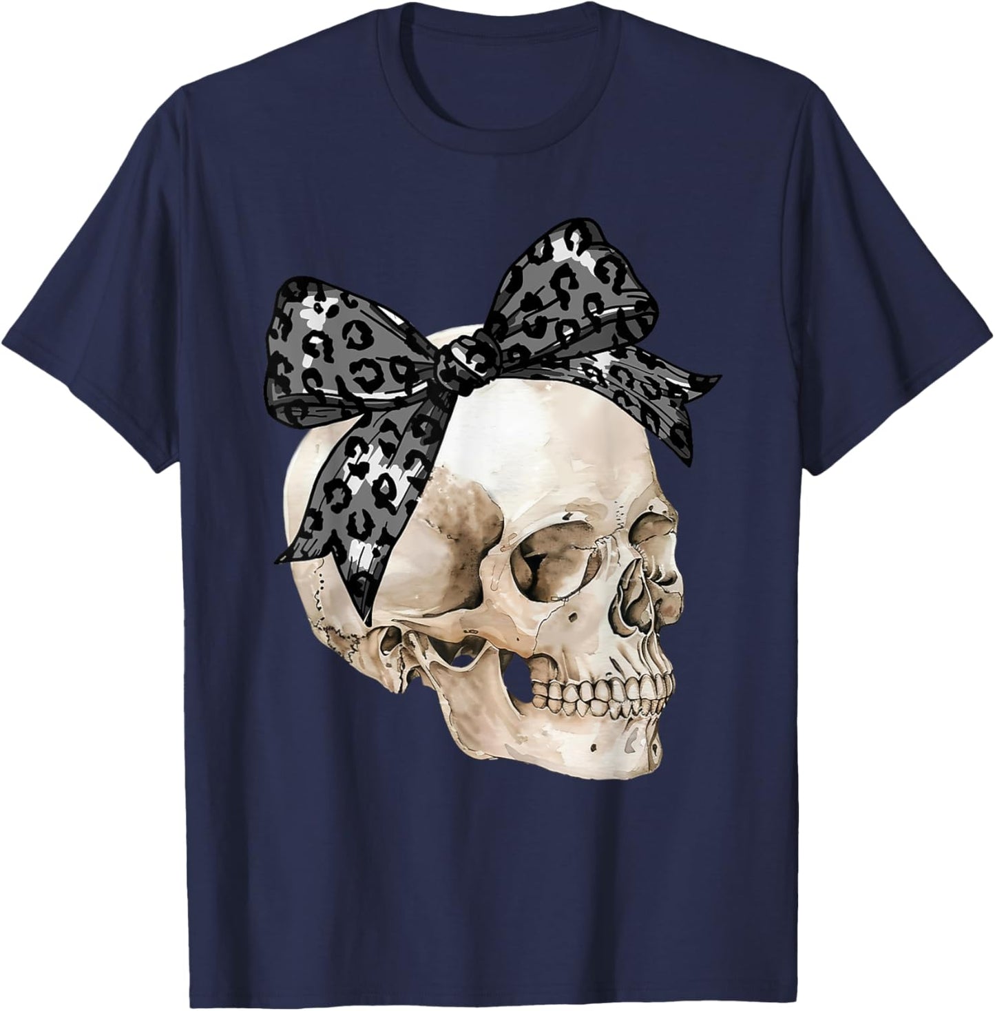 Coquette Bow Spooky Season Skeleton Skull Horror Halloween T-Shirt - T-Shirt | Navy