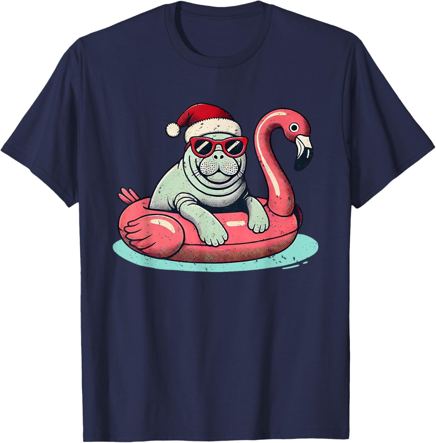 Funny Christmas in July Manatee Santa Flamingo Floatie T-Shirt - T-Shirt | Navy