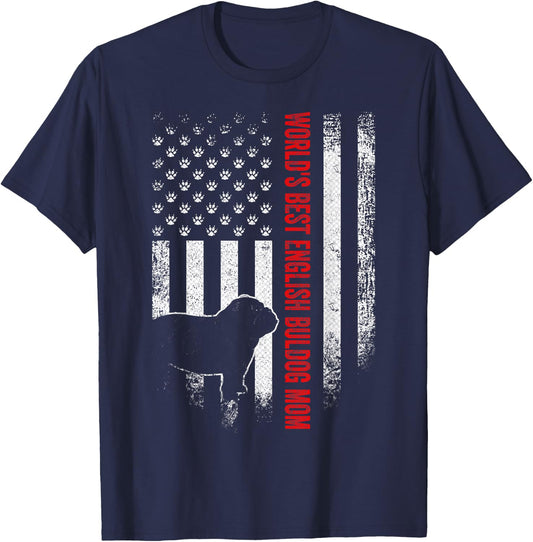 Vintage American Flag World's Best English Bulldog Mom Funny Men T-Shirt - T-Shirt | Navy
