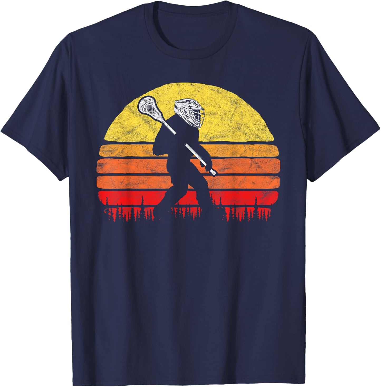 Funny Sasquatch Lax Bigfoot Lacrosse Vintage 80s Sunset T-Shirt - T-Shirt | Navy